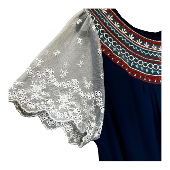 Umgee Blue and Lace Mini Dress L Boho Baby Doll Lose Flowy Embroidered - Picture 4 of 10